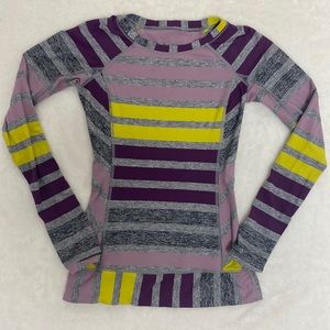 Lululemon race your pace Long Sleeve Purple Striped top w/ pocket.  Size 4, GUC